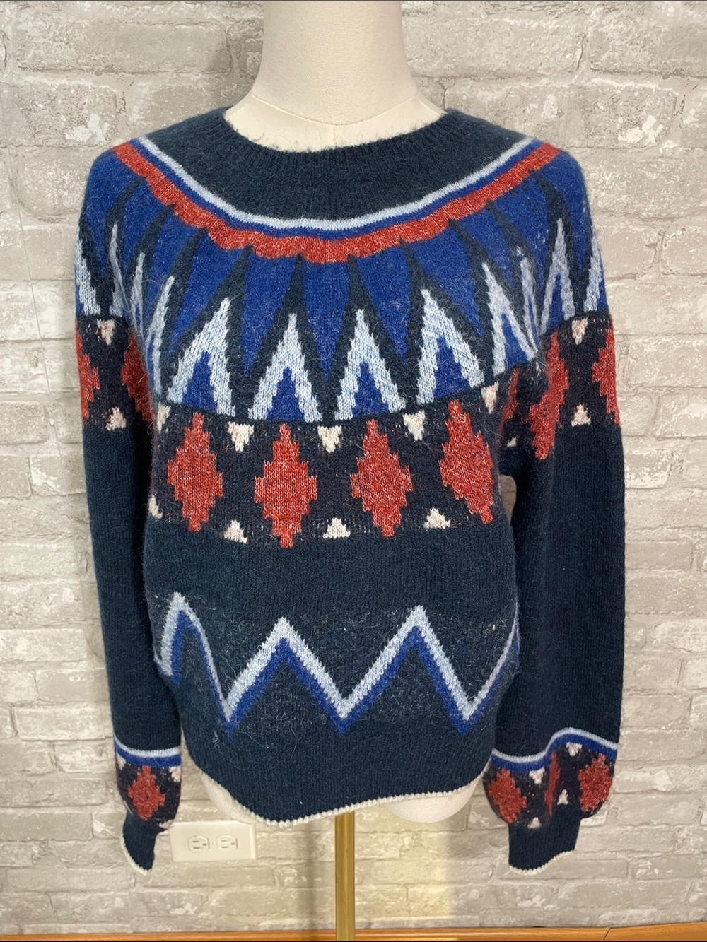 Sundry Navy Fair Isle Crewneck Sweater with Red and Royal Blue Accents